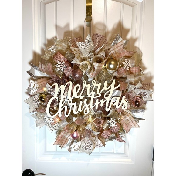 Christmas Snowflake Holiday Ribbon Door Wreath Handmade 22 ins LED W43 Gold - Picture 2 of 12